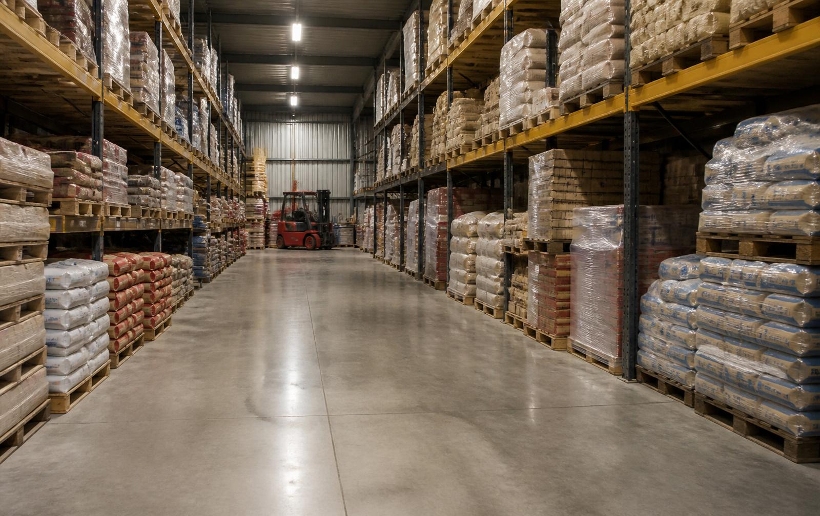 Corsia interna del negozio Buildtech con cemento e collanti